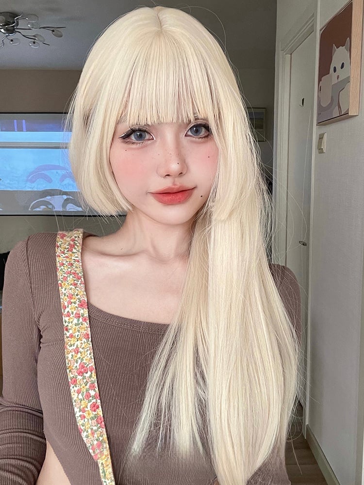 Straight Waist Length Light Gold Synthetic Wig