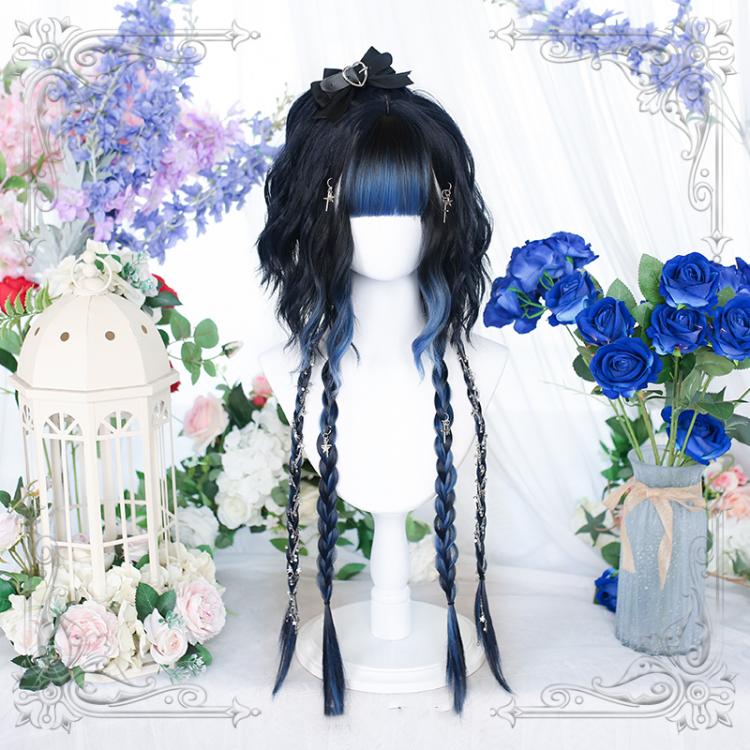 Water Blue Ombre Hair Color Lolita Long Straight Synthetic Wig