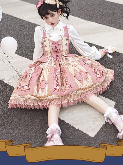 Pink Nutcracker Fantasy Night Print Bowknot Detail Jumper Skirt