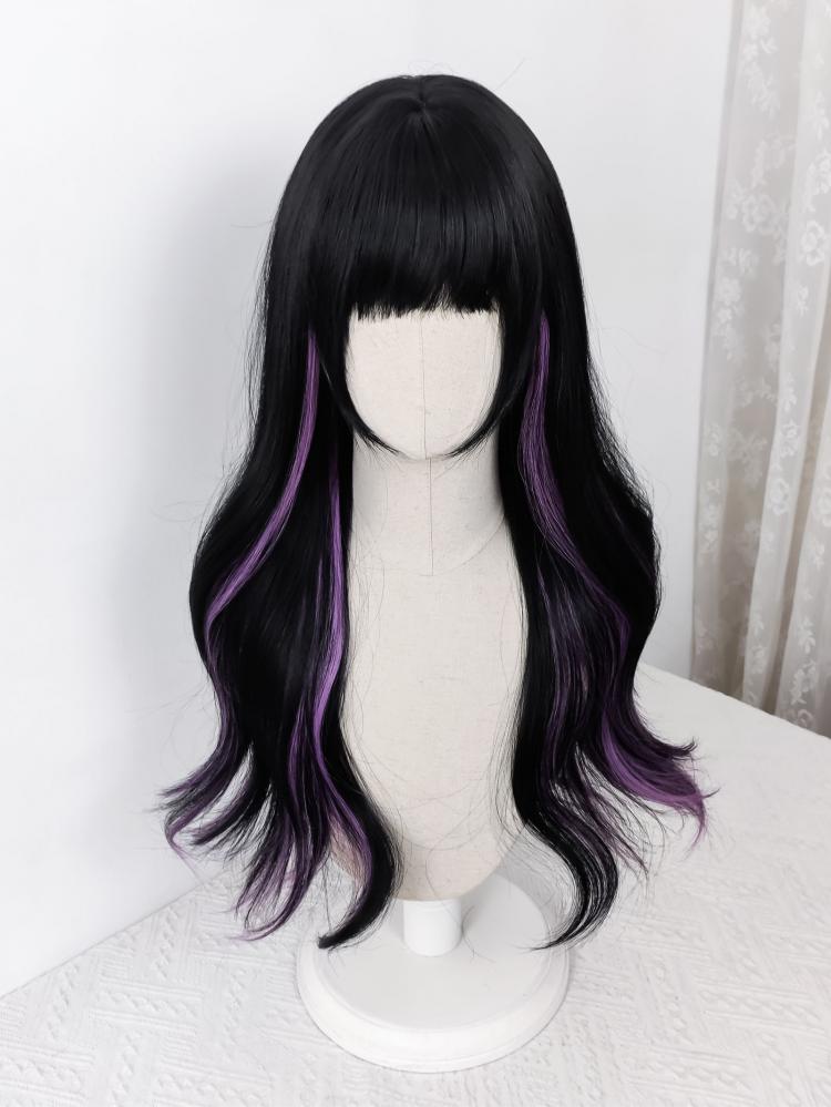 Jirai Kei Purple Highlight Black Long Wavy Synthetic Wig