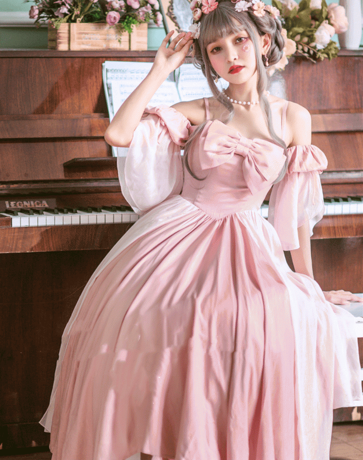 Long Version Morning Dew Pink Off-the-shoulder Neckline Short Sleeves One Piece