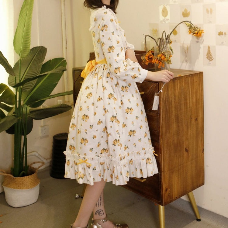 Loemi Garden Floral Print Ruffle Neckline Long Sleeves One Piece