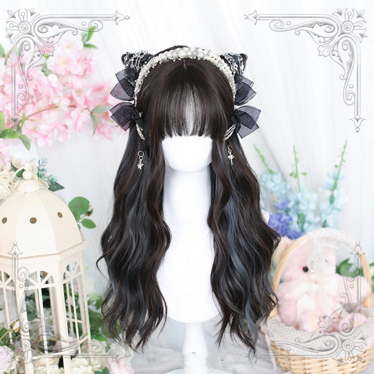 Wuxiao Wavy Highlight Hair Color Dark Brown-Dusty Blue Lolita Long Synthetic Wig