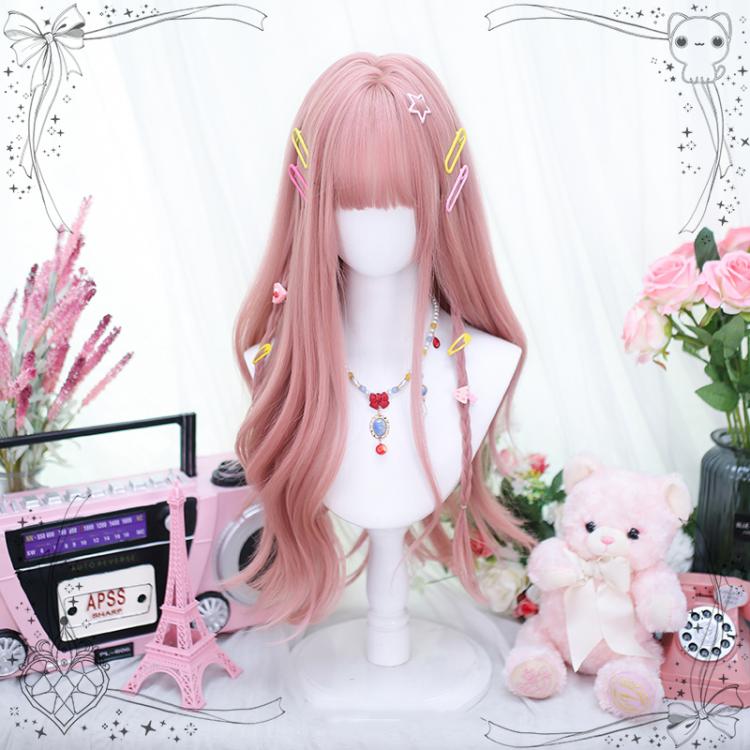 Pink Long Wavy Synthetic Wig with Air Bangs
