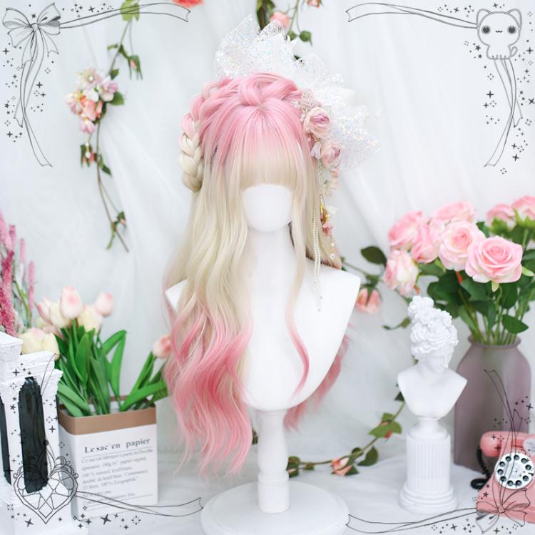 Peach Pink Dip Dyed Long Wavy Synthetic Wig