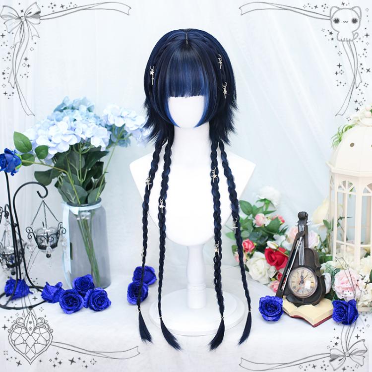 Highlight Blue / Black Short Wig with Braids