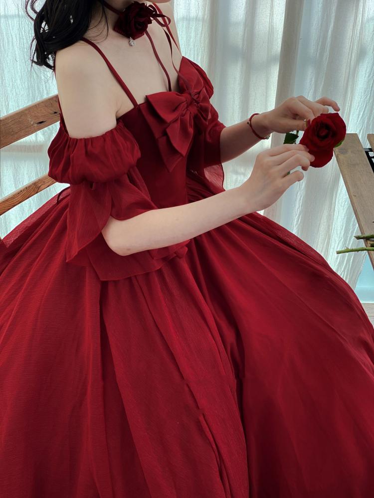 Morning Dew Red Off-the-shoulder Neckline Short Sleeves Elegant Lolita Dress OP