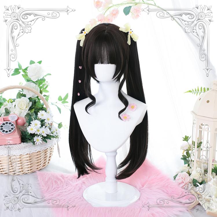 Permanent Machinery Black / Dark Brown Hime Cut Lolita Short Wig with Double Ponytails