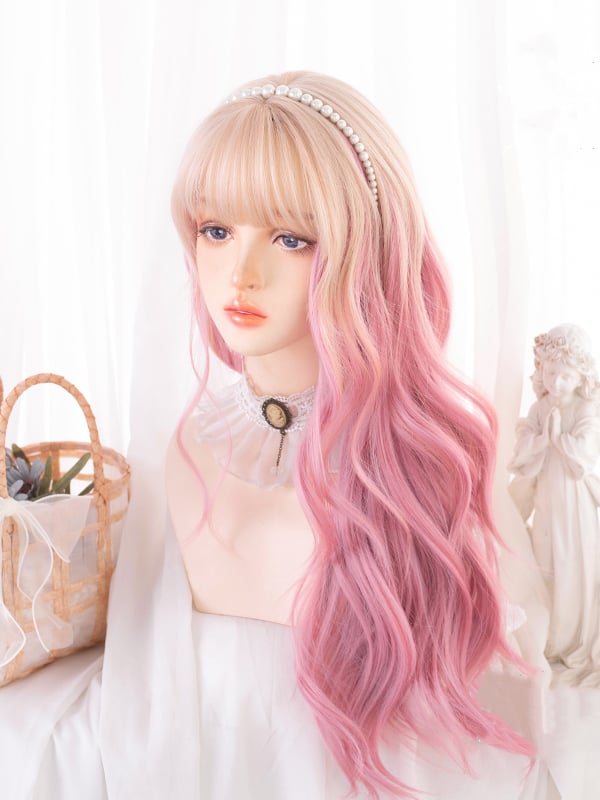 Ombre Hair Color Pink Long Wavy Synthetic Wig