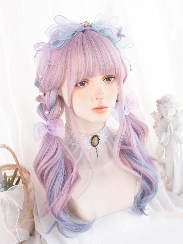 Pink Highlights Blue Medium Length Wavy Synthetic Wig