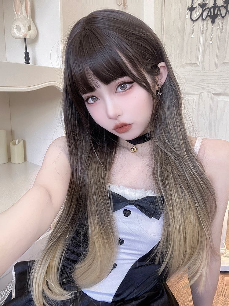 Straight Ombre Hair Color Dark Brown to Golden Synthetic Wig