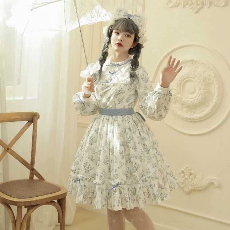 Loemi Garden Floral Print Ruffle Neckline Long Sleeves One Piece