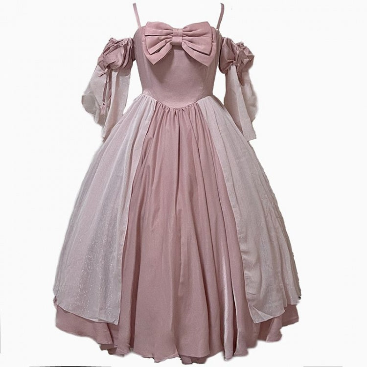 Long Version Morning Dew Pink Off-the-shoulder Neckline Short Sleeves One Piece