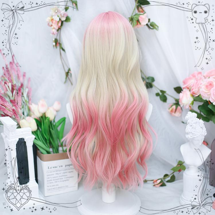 Peach Pink Dip Dyed Long Wavy Synthetic Wig