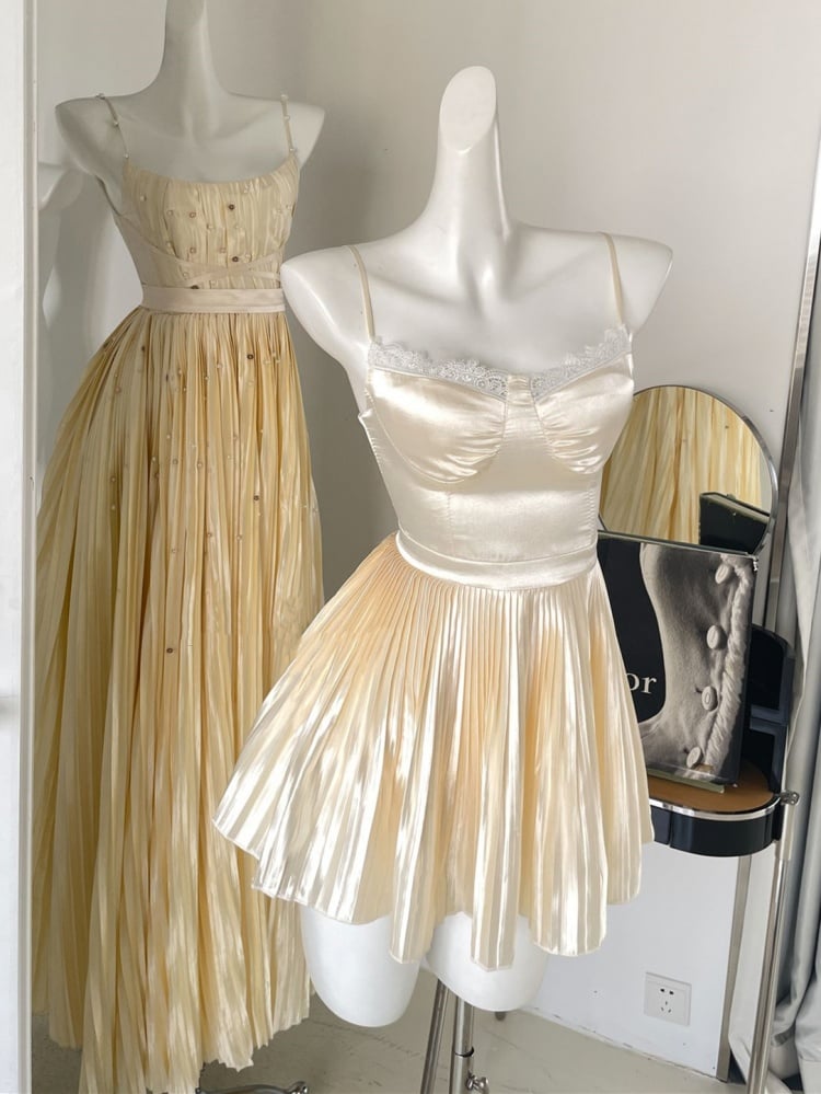 Platinum Satin Balletcore Pleated Jumper Skirt