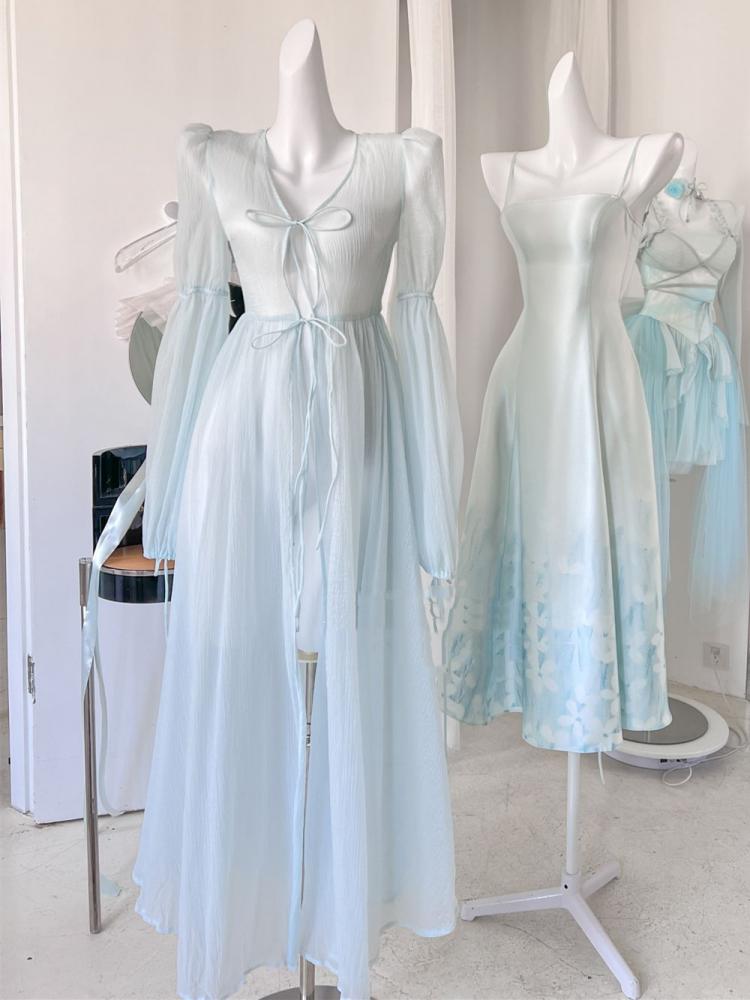 Lily of the Valley Print Cyan Satin Jumper Skirt