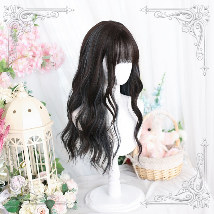 Wuxiao Wavy Highlight Hair Color Dark Brown-Dusty Blue Lolita Long Synthetic Wig