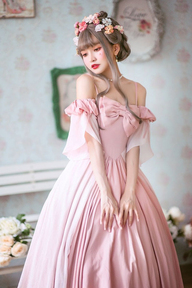 Long Version Morning Dew Pink Off-the-shoulder Neckline Short Sleeves One Piece
