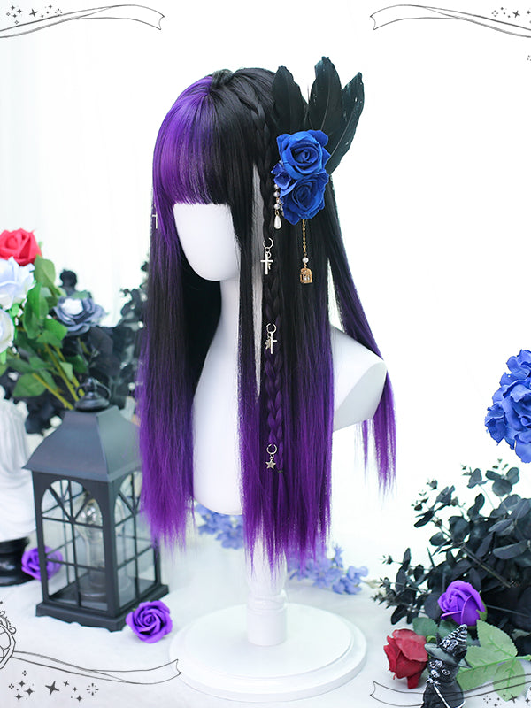 Purple and Black Mixed Color Medium Straight Synthetic Wig