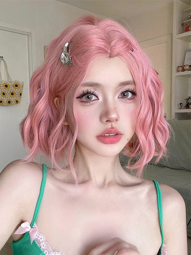 Pink Chin Length Wavy Synthetic Wig