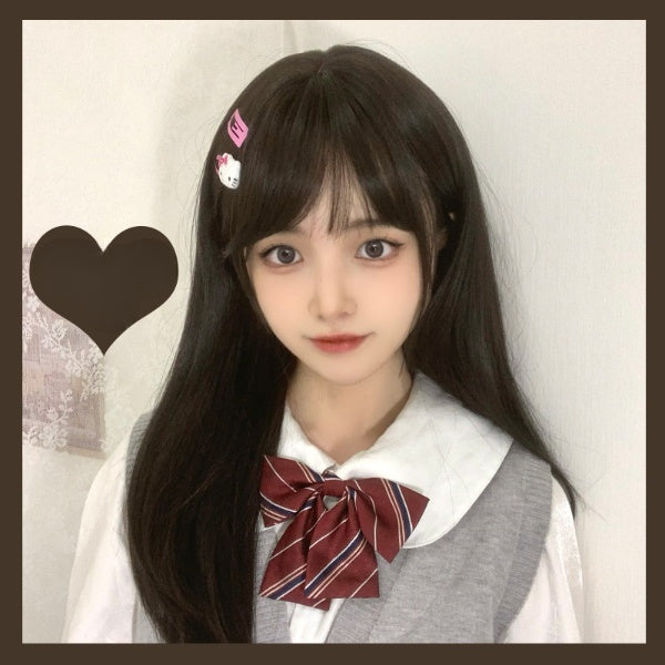 Natural Black Brown Air Bangs Long Wig