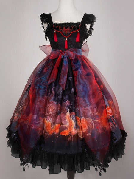 In Stock Lotus Bloom Fish Print Flounce Hemline Chinoiserie Style Jumper Skirt
