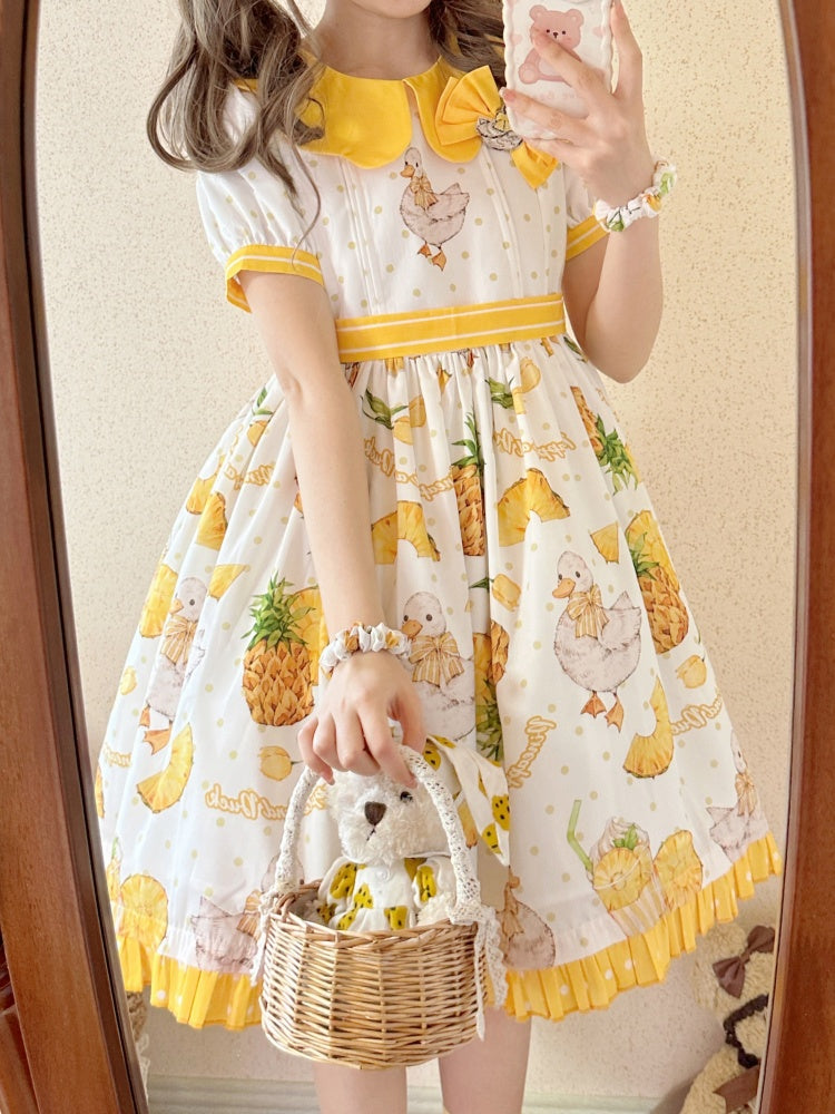 Yellow Polka-dot Pattern Pineapple Duck Print One Piece