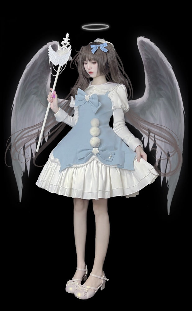 Winter Fairy Tale White and Blue Pompons Bowknot Details Jumper Skirt