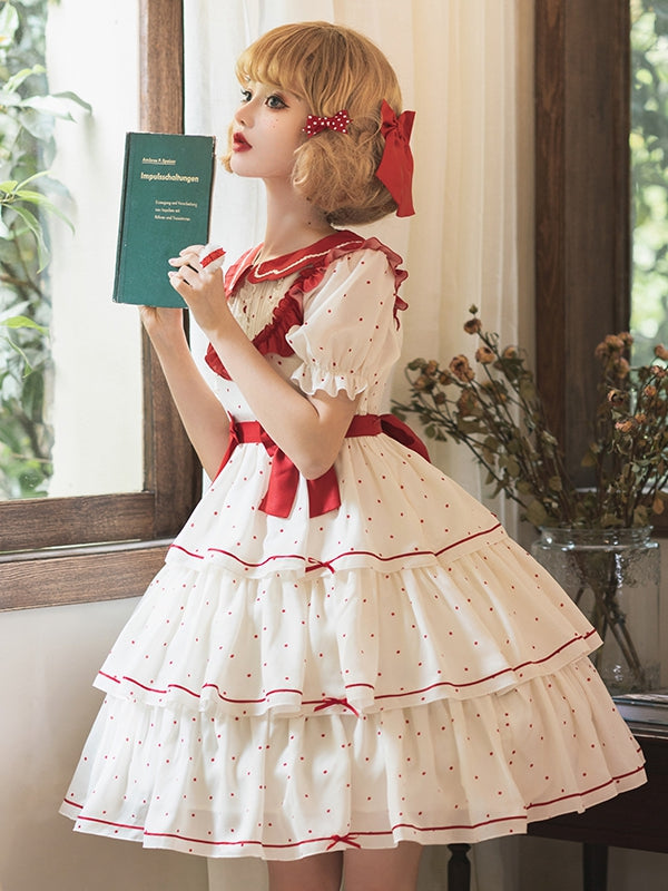 In Stock Bowknot Details Polka-dot Print Tiered Ruffle Hem Short Sleeves One Piece