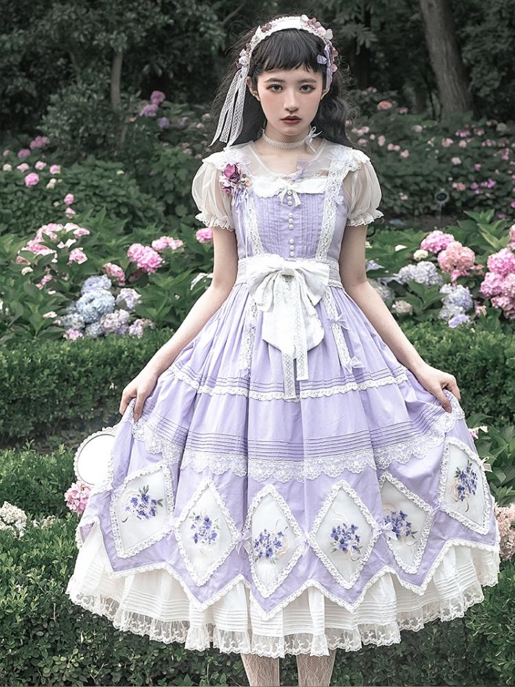 In Stock Floral Embroidery Bowknot Details Lace Patches Jumper Skirt