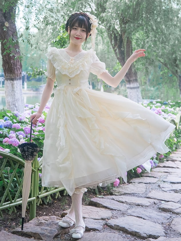 Ruffles V-neck Dress Beige Cascading Ruffle Trim One Piece