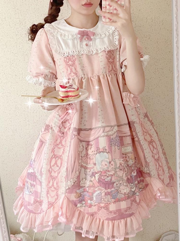 Sweet Rococo Bear, Cat and Rabbit Print Short Sleeves One Piece