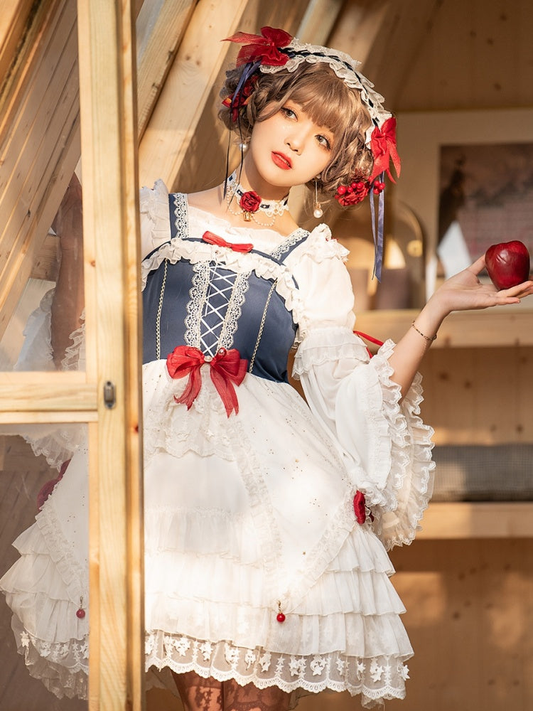 Snow White Bowknot Details Lace-up Bodice Ruffle Hem Jumper Skirt
