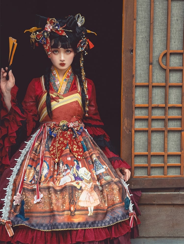 In Stock Fantasy Night Story Japanese Style Print Flounce Hem High Waist Wa Lolita JSK