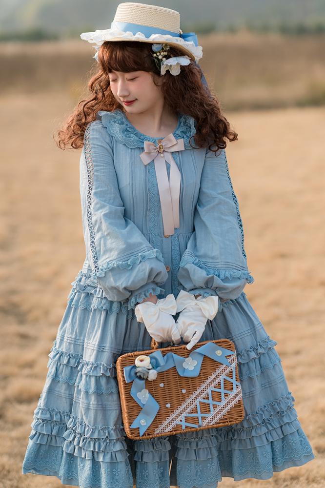 Tasha's Garden Blue Ruffle Design Long Sleeves One Piece