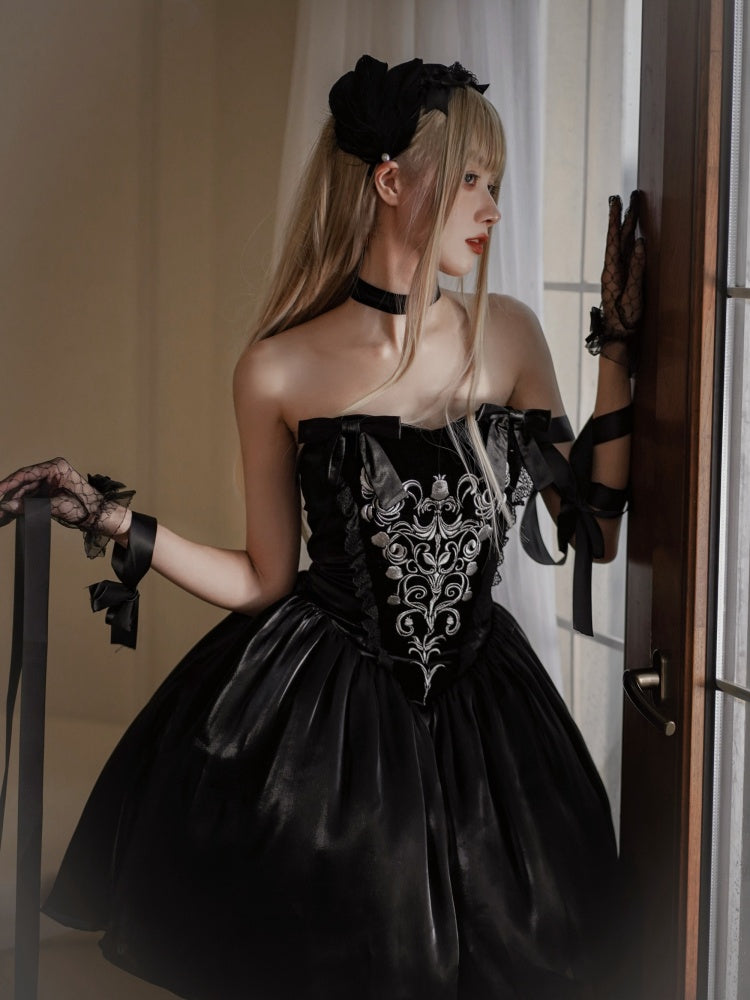 Lily of The Valley Manor Color Black Embroidery Bodice Sweetheart Neckline Strapless Lolita JSK