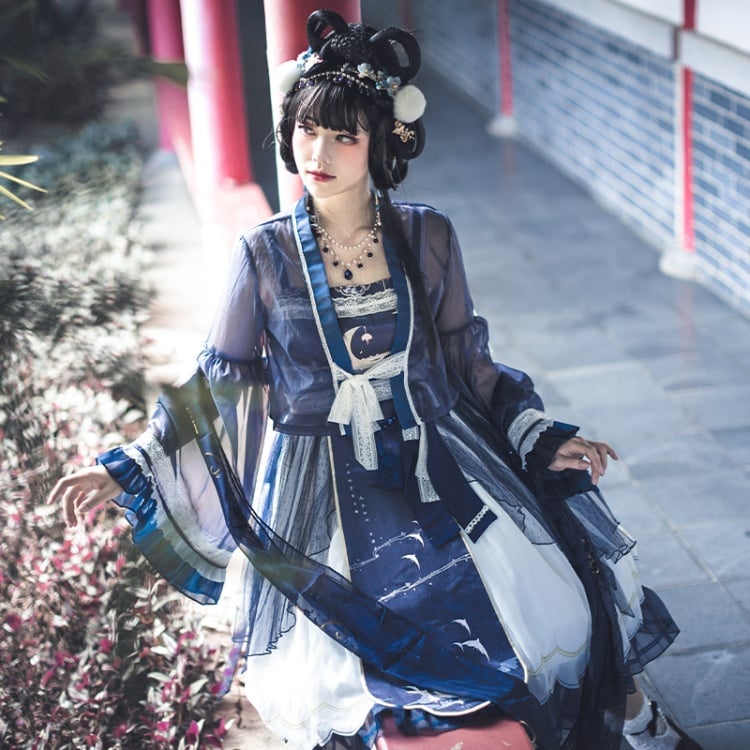 Night and Warbler Chinoiserie Style Han Lolita JSK+Long Flounce Bell Sleeves Blouse Set
