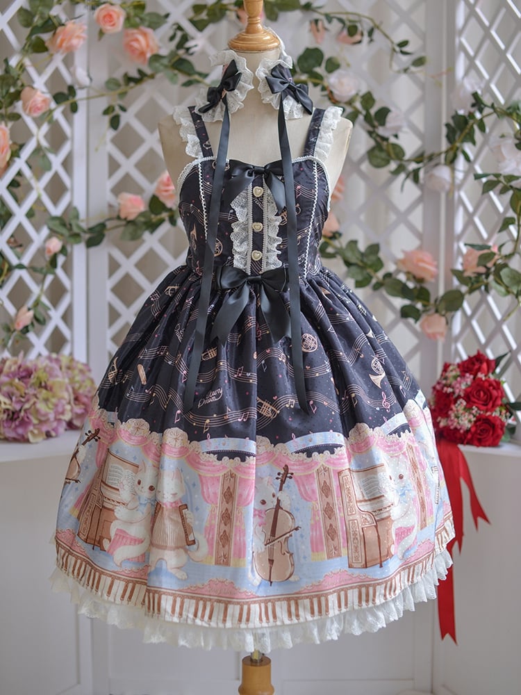 Ready to Ship-Black Jumper Skirt Sweetheart Neckline Bowknot Details Ruffle Hem