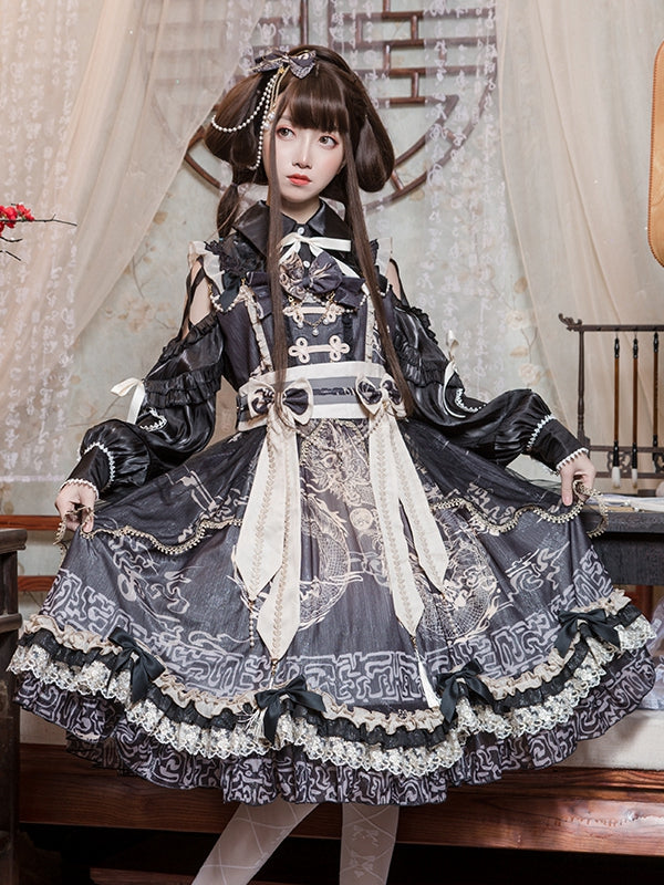 Black Chinoiserie Style Pattern Design Dragon Print Bowknot Details Jumper Skirt
