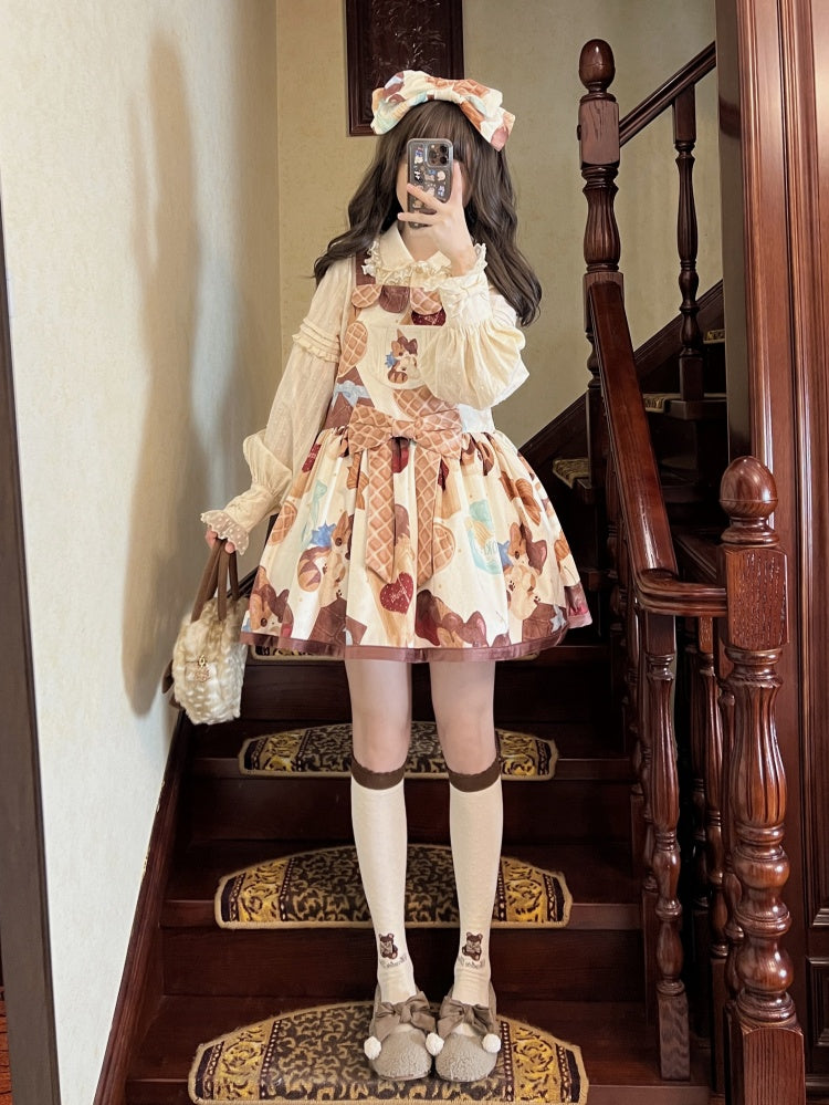 Muffin Kitten Series Dessert and Cat Print Sweet Overall Dress