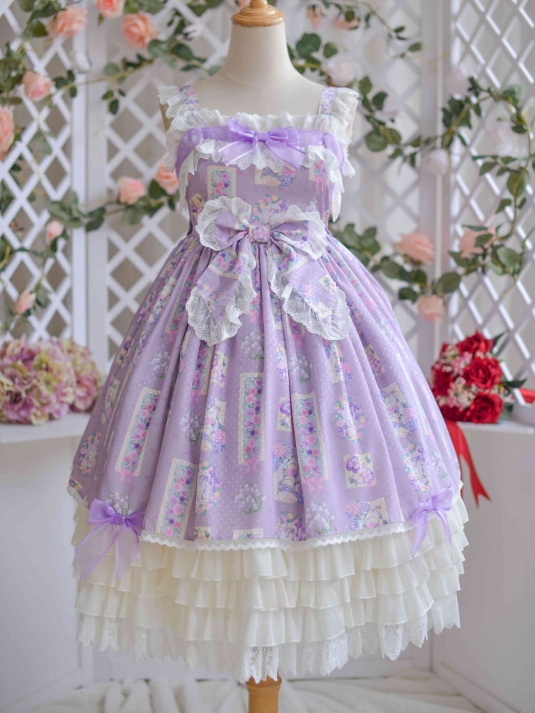 Ready to Ship-Size M for Bust 77cm Purple Jumper Skirt Floral Print Square Neckline Tiered Skirt and Ruffle Trim