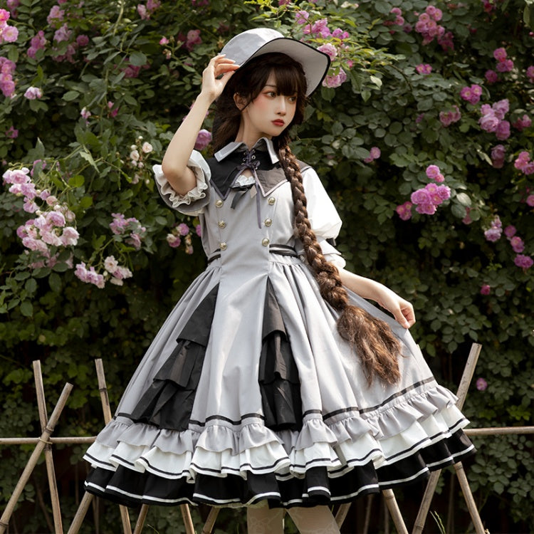 In Stock Black White Gray Tiered Ruffle Hemline Short Sleeves Lolita OP