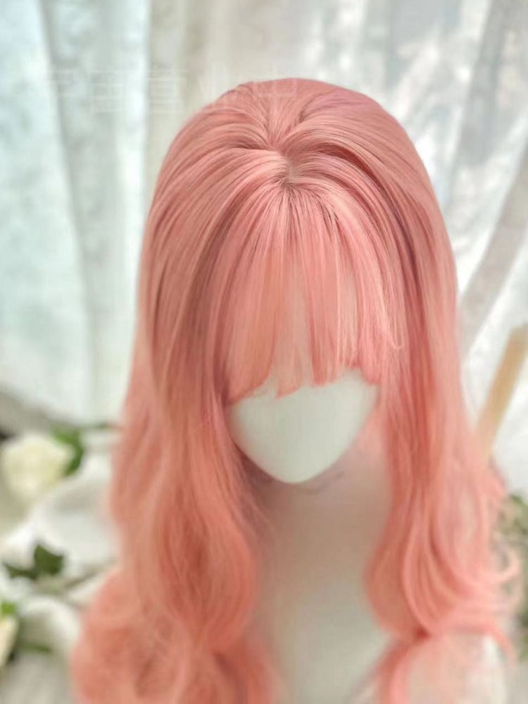 Pink Long Wavy Synthetic Wig with Bangs