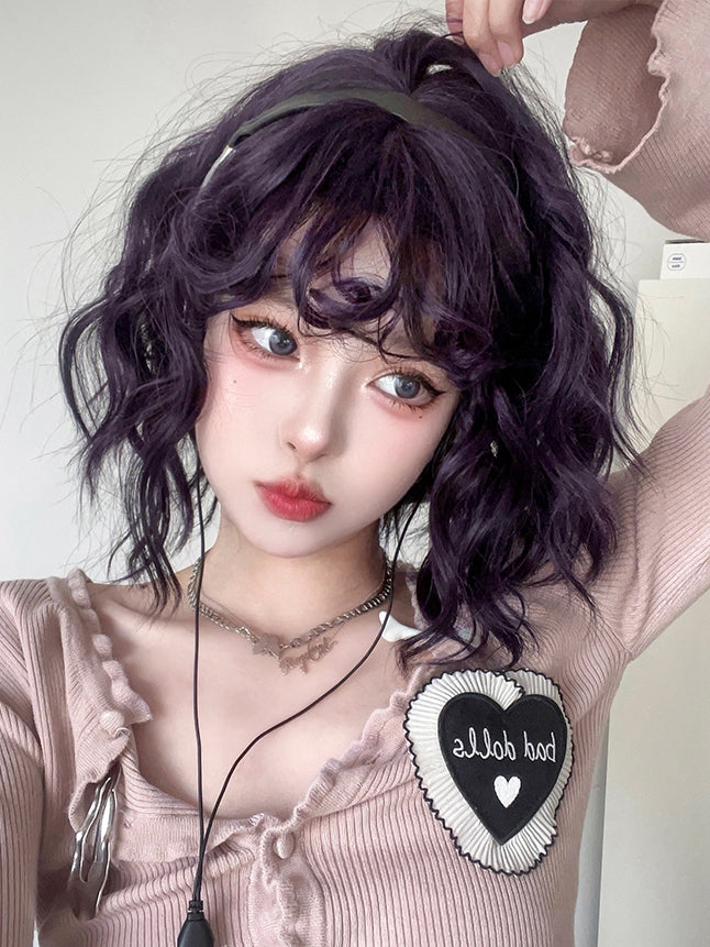 Purple Chin Length Wavy Synthetic Wig with Curly Bangs