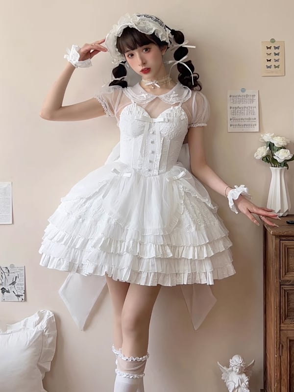 White Sweetheart Neckline Boned Bodice Balletcore Jumper Skirt Tiered Ruffles with Big Bow