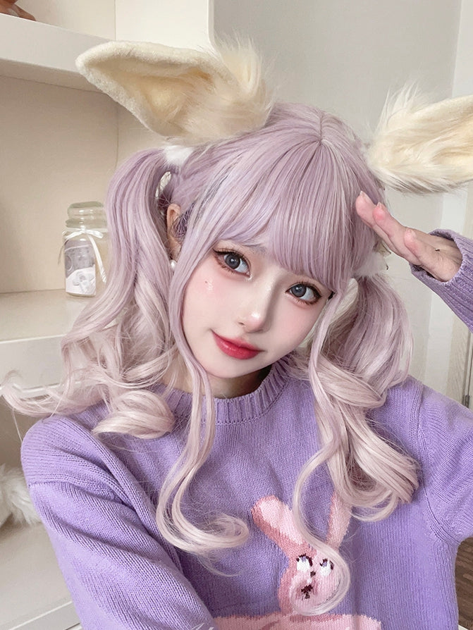 Purple and White Ombre Hair Color Medium Length Synthetic Wavy Wig