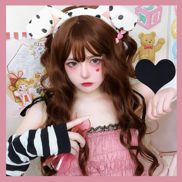 Sweet Brown Long Wavy Banged Wig