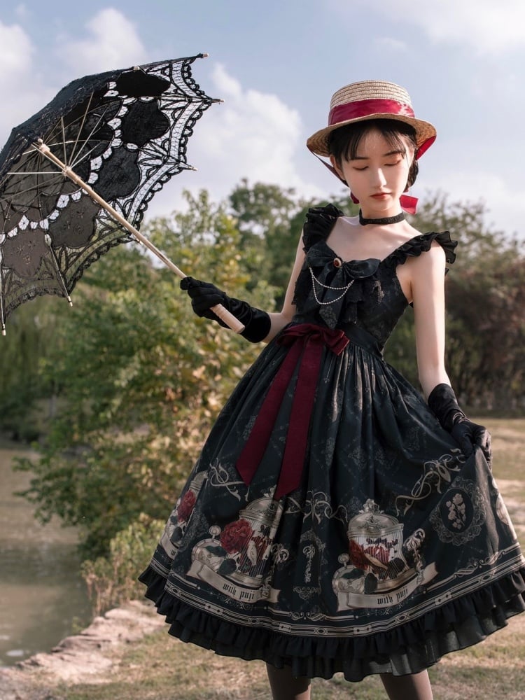 Nightingale and Rose Print Big Bow Ruffle Trim Lolita JSK