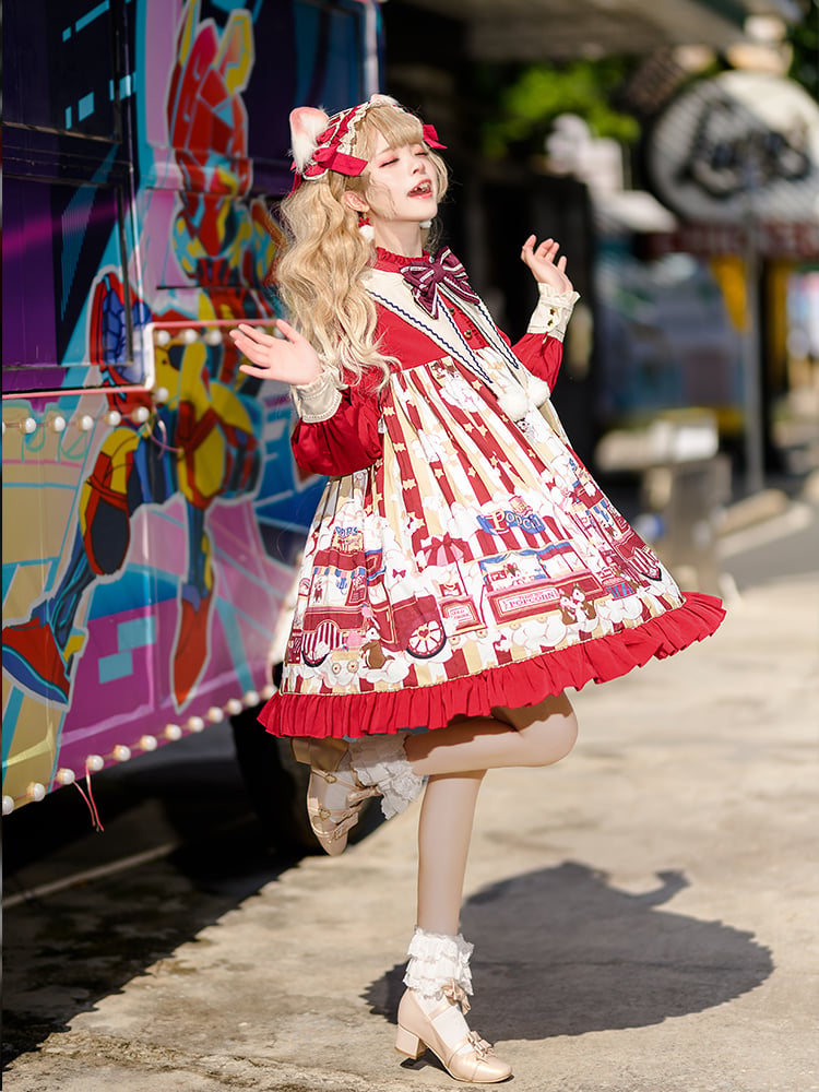 Popcorn and Star Pattern Print Pointed Collar One Piece Red and Yellow