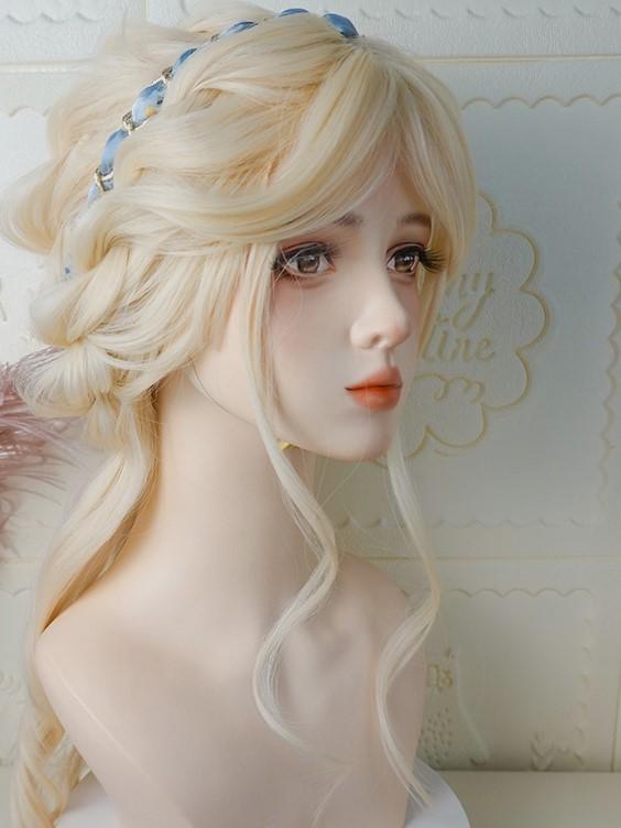 Paris At Sunset Waist Length Milk Yellow Curly Lolita Hand-braided Wig
